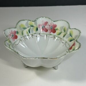Antique Hand Painted Nippon Footed  Nut Bowl Floral gold 6.5"